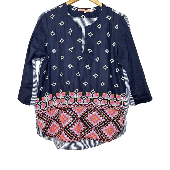 Vilagallo Women's Boho Chic Embroidered Tunic Top Navy‎ Pink Stripe Cotton 46 - Picture 1 of 8